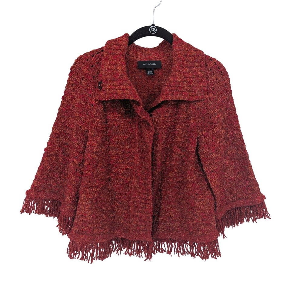 St John Knits Cardigan Jacket Women Small Orange Multi Fringe Hem Boucle Knit